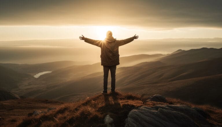 Standing on mountain peak, arms raised in success generated by AI